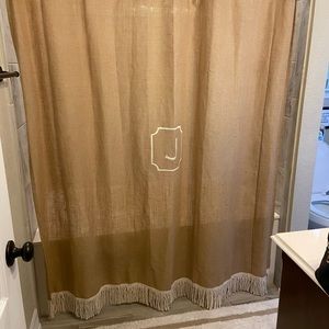 Ballard Designs Burlap ‘J’ Monogram Shower Curtain w/Fringe